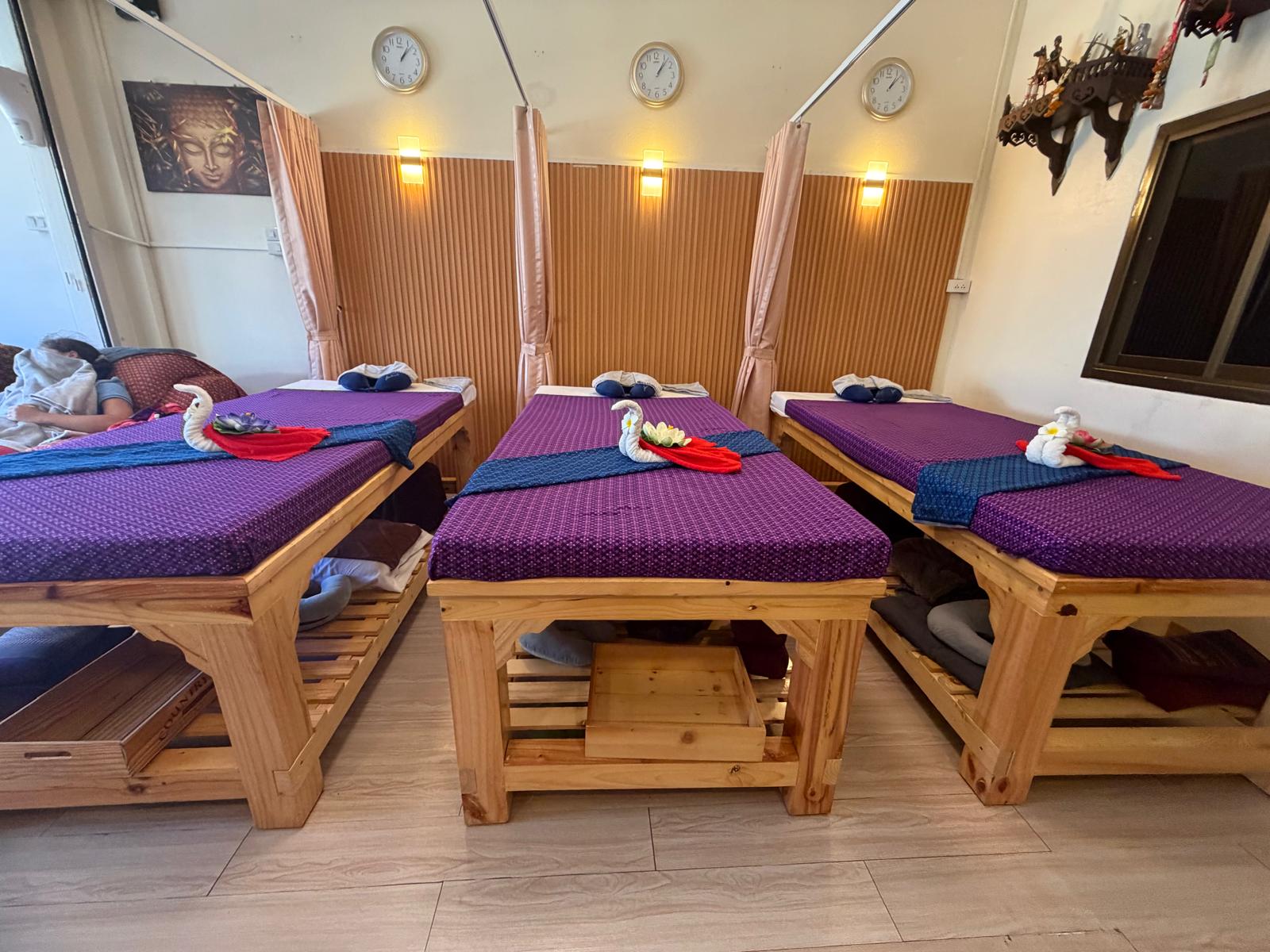Traditional Teak Massage Beds with Purple Silk